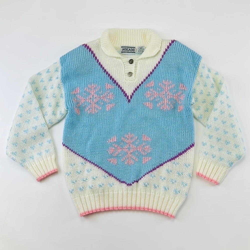 Vintage ‘80’s blue pink pastel snowflake collared acrylic sweater Large